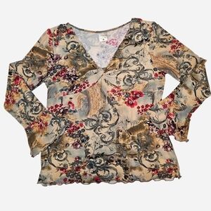 Fairycore Motherhood Maternity Beige Floral Twist-Front Long Bell Sleeve Top